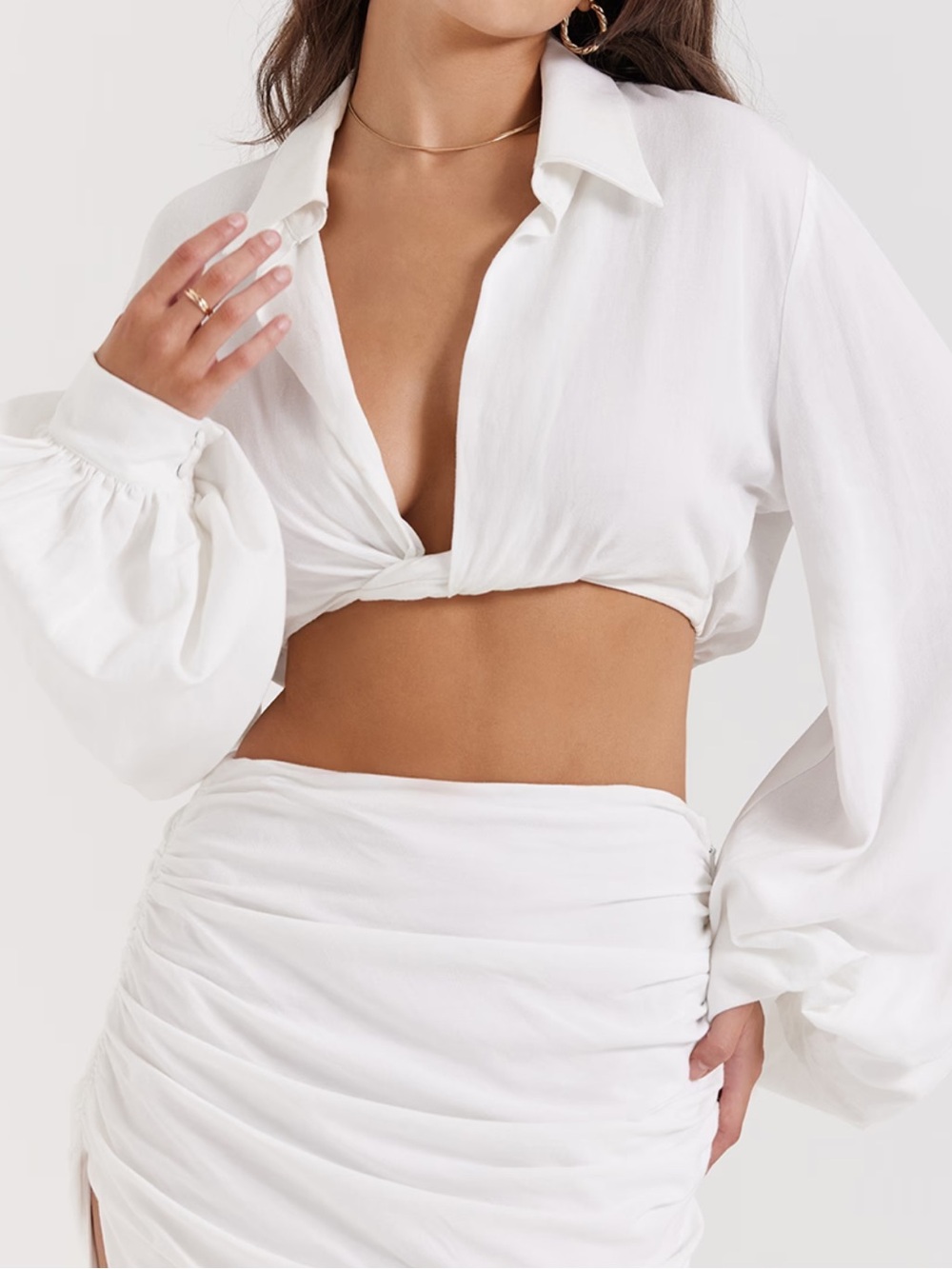 House of CB Palmer White Plunge Blouson Crop Top XS
